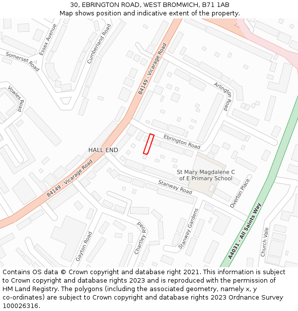 30, EBRINGTON ROAD, WEST BROMWICH, B71 1AB: Location map and indicative extent of plot