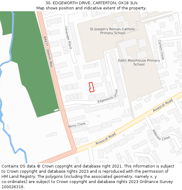 30, EDGEWORTH DRIVE, CARTERTON, OX18 3LN: Location map and indicative extent of plot