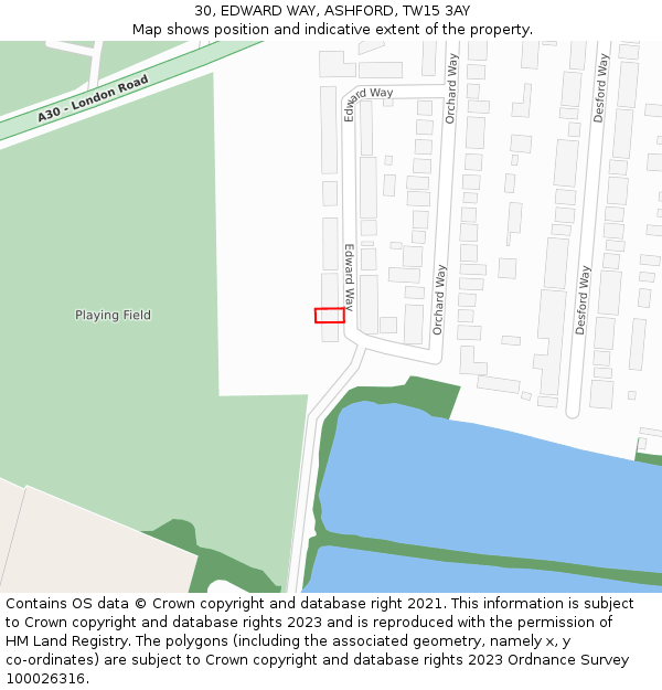 30, EDWARD WAY, ASHFORD, TW15 3AY: Location map and indicative extent of plot