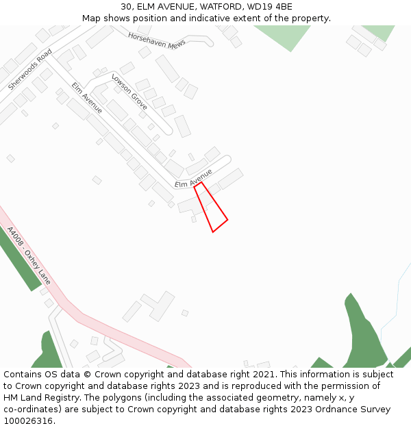 30, ELM AVENUE, WATFORD, WD19 4BE: Location map and indicative extent of plot