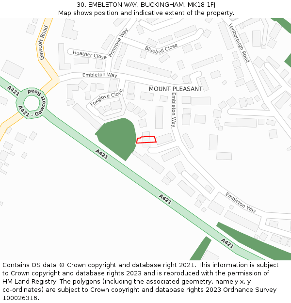 30, EMBLETON WAY, BUCKINGHAM, MK18 1FJ: Location map and indicative extent of plot