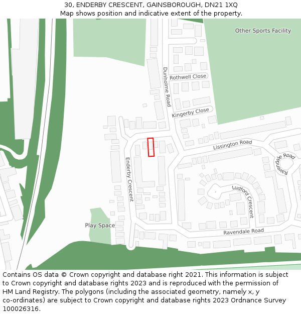 30, ENDERBY CRESCENT, GAINSBOROUGH, DN21 1XQ: Location map and indicative extent of plot