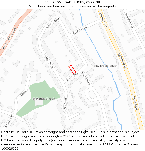 30, EPSOM ROAD, RUGBY, CV22 7PF: Location map and indicative extent of plot