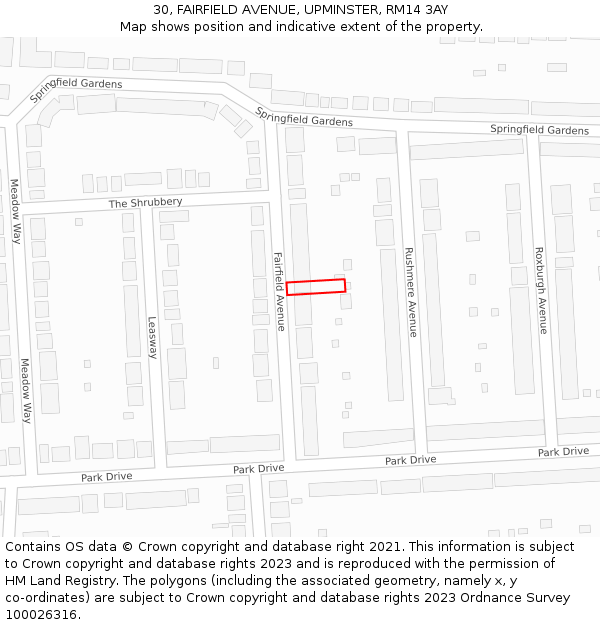 30, FAIRFIELD AVENUE, UPMINSTER, RM14 3AY: Location map and indicative extent of plot