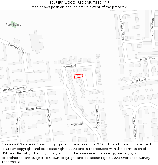 30, FERNWOOD, REDCAR, TS10 4NF: Location map and indicative extent of plot