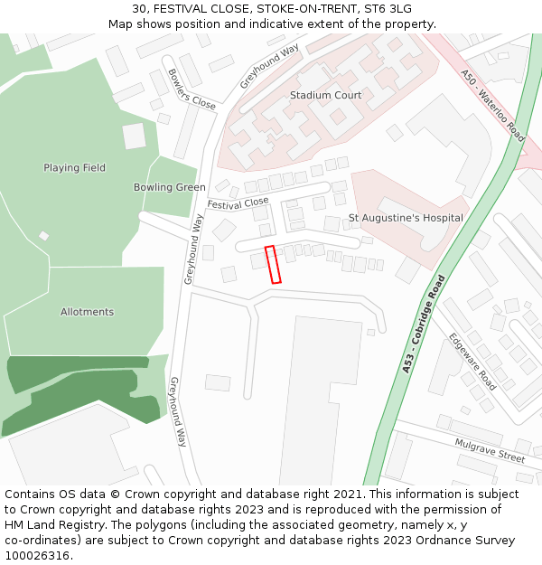 30, FESTIVAL CLOSE, STOKE-ON-TRENT, ST6 3LG: Location map and indicative extent of plot