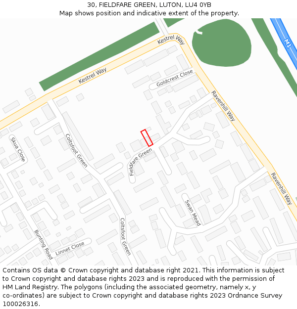 30, FIELDFARE GREEN, LUTON, LU4 0YB: Location map and indicative extent of plot
