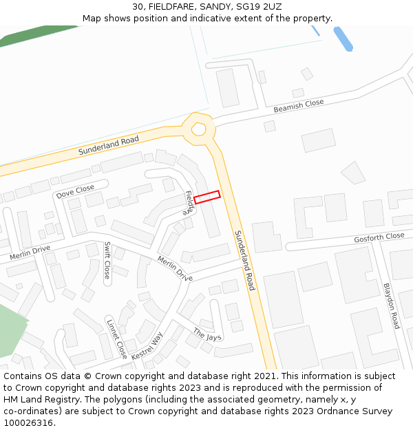 30, FIELDFARE, SANDY, SG19 2UZ: Location map and indicative extent of plot