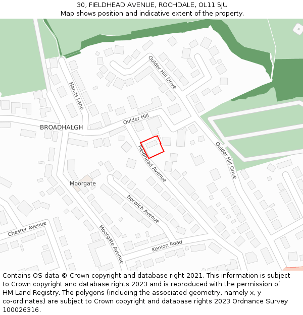30, FIELDHEAD AVENUE, ROCHDALE, OL11 5JU: Location map and indicative extent of plot
