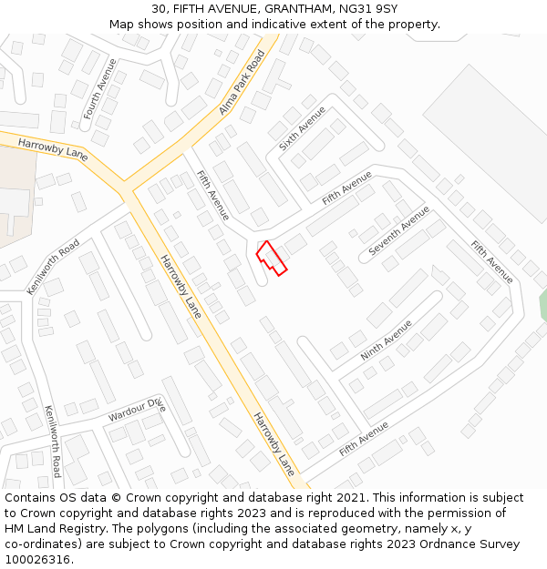 30, FIFTH AVENUE, GRANTHAM, NG31 9SY: Location map and indicative extent of plot