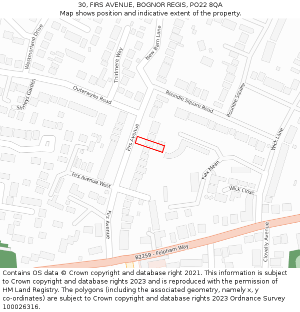 30, FIRS AVENUE, BOGNOR REGIS, PO22 8QA: Location map and indicative extent of plot