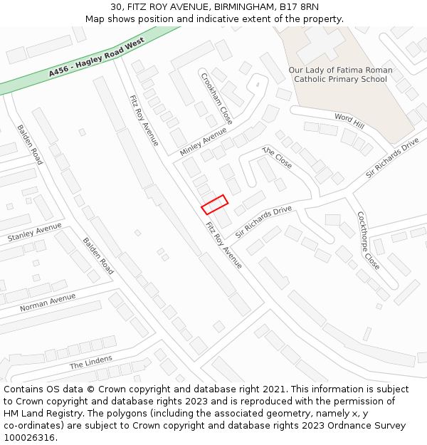 30, FITZ ROY AVENUE, BIRMINGHAM, B17 8RN: Location map and indicative extent of plot