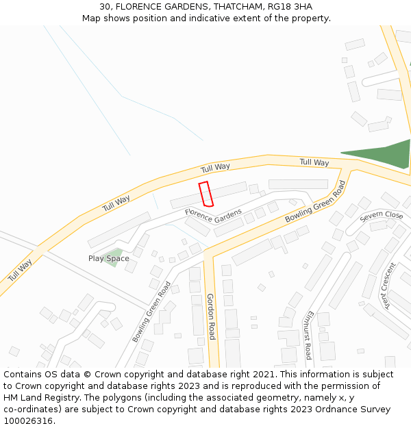 30, FLORENCE GARDENS, THATCHAM, RG18 3HA: Location map and indicative extent of plot