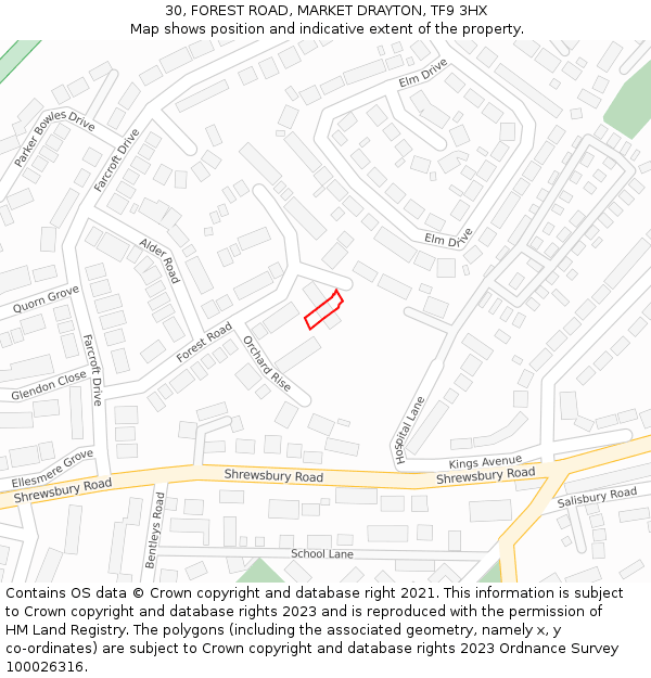 30, FOREST ROAD, MARKET DRAYTON, TF9 3HX: Location map and indicative extent of plot