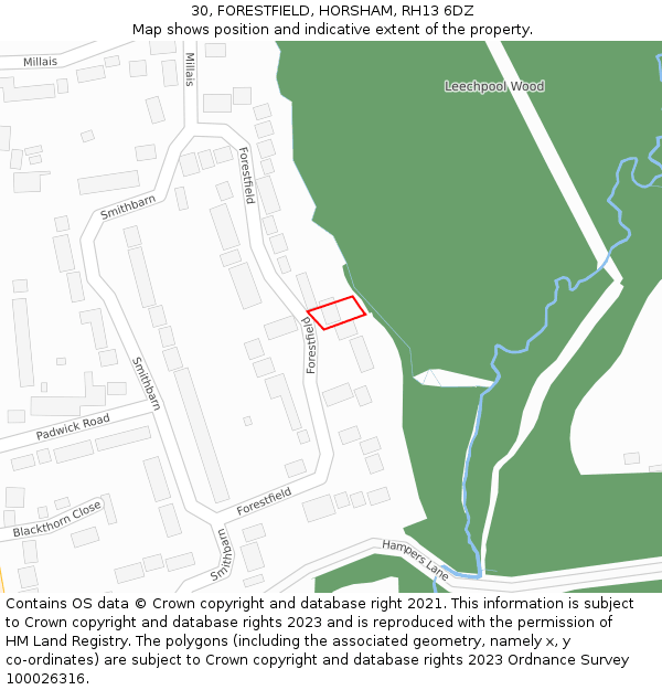 30, FORESTFIELD, HORSHAM, RH13 6DZ: Location map and indicative extent of plot