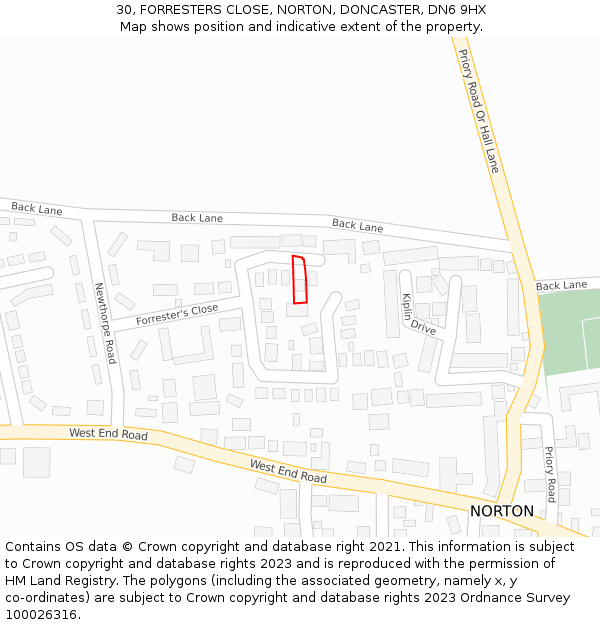 30, FORRESTERS CLOSE, NORTON, DONCASTER, DN6 9HX: Location map and indicative extent of plot