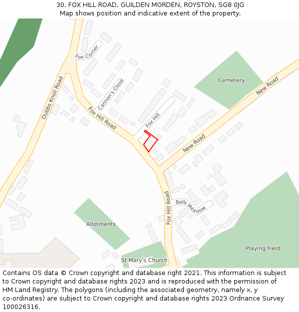 30, FOX HILL ROAD, GUILDEN MORDEN, ROYSTON, SG8 0JG: Location map and indicative extent of plot