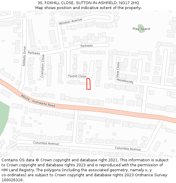 30, FOXHILL CLOSE, SUTTON-IN-ASHFIELD, NG17 2HQ: Location map and indicative extent of plot