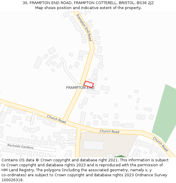 30, FRAMPTON END ROAD, FRAMPTON COTTERELL, BRISTOL, BS36 2JZ: Location map and indicative extent of plot