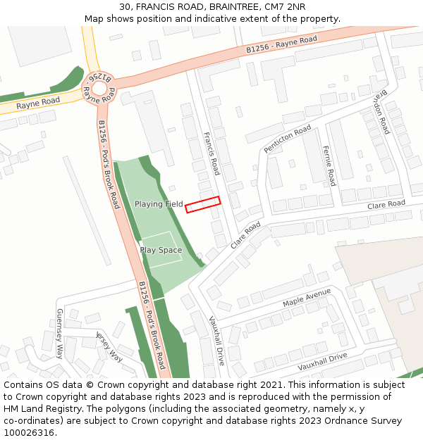 30, FRANCIS ROAD, BRAINTREE, CM7 2NR: Location map and indicative extent of plot