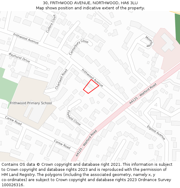 30, FRITHWOOD AVENUE, NORTHWOOD, HA6 3LU: Location map and indicative extent of plot