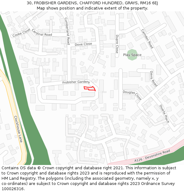 30, FROBISHER GARDENS, CHAFFORD HUNDRED, GRAYS, RM16 6EJ: Location map and indicative extent of plot