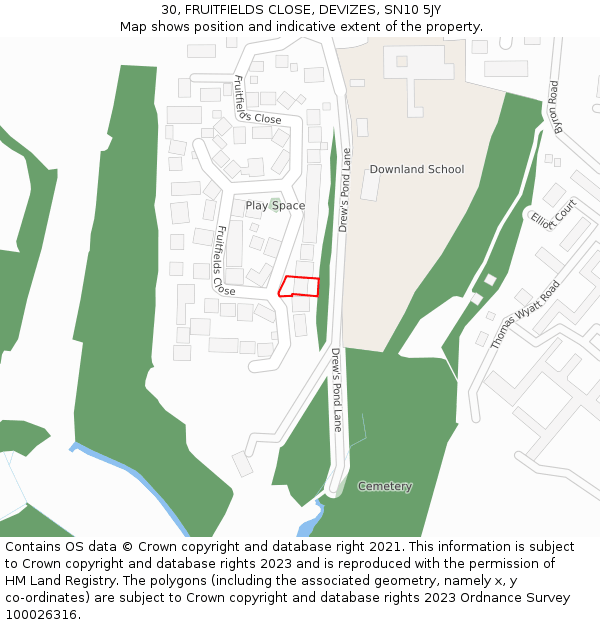 30, FRUITFIELDS CLOSE, DEVIZES, SN10 5JY: Location map and indicative extent of plot