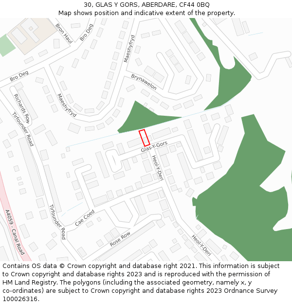 30, GLAS Y GORS, ABERDARE, CF44 0BQ: Location map and indicative extent of plot