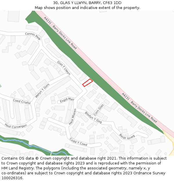 30, GLAS Y LLWYN, BARRY, CF63 1DD: Location map and indicative extent of plot