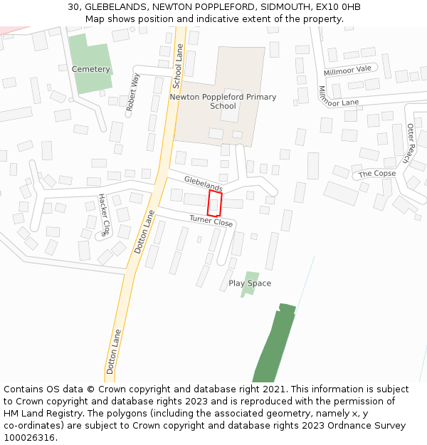 30, GLEBELANDS, NEWTON POPPLEFORD, SIDMOUTH, EX10 0HB: Location map and indicative extent of plot