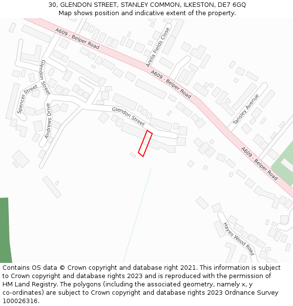 30, GLENDON STREET, STANLEY COMMON, ILKESTON, DE7 6GQ: Location map and indicative extent of plot