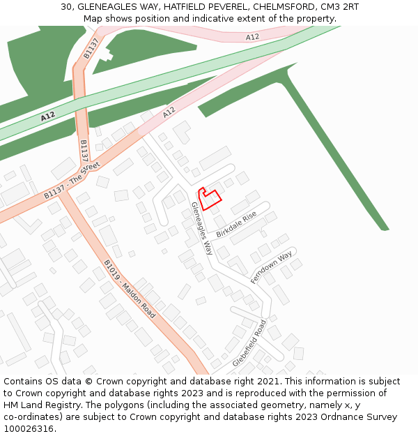 30, GLENEAGLES WAY, HATFIELD PEVEREL, CHELMSFORD, CM3 2RT: Location map and indicative extent of plot