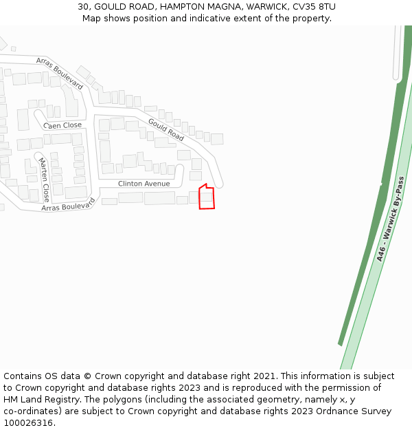 30, GOULD ROAD, HAMPTON MAGNA, WARWICK, CV35 8TU: Location map and indicative extent of plot