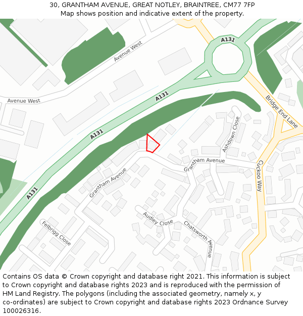 30, GRANTHAM AVENUE, GREAT NOTLEY, BRAINTREE, CM77 7FP: Location map and indicative extent of plot