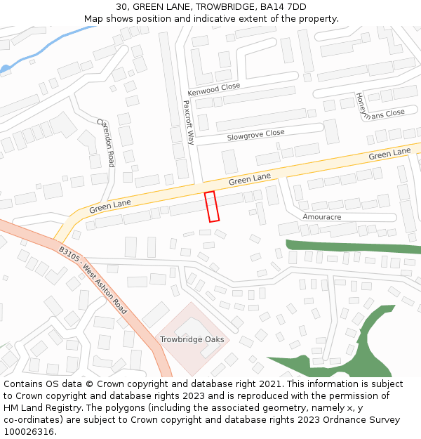 30, GREEN LANE, TROWBRIDGE, BA14 7DD: Location map and indicative extent of plot