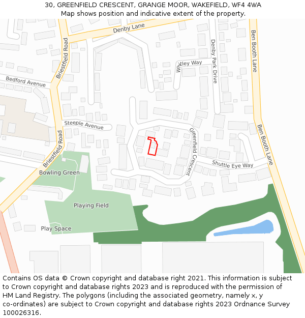 30, GREENFIELD CRESCENT, GRANGE MOOR, WAKEFIELD, WF4 4WA: Location map and indicative extent of plot