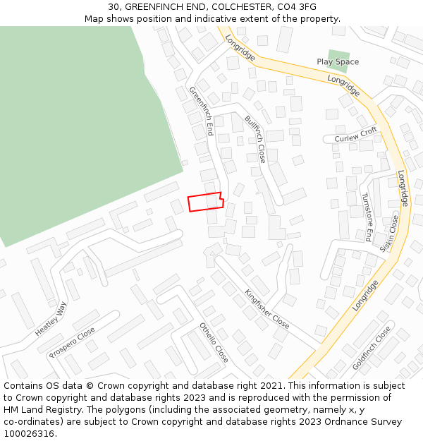 30, GREENFINCH END, COLCHESTER, CO4 3FG: Location map and indicative extent of plot
