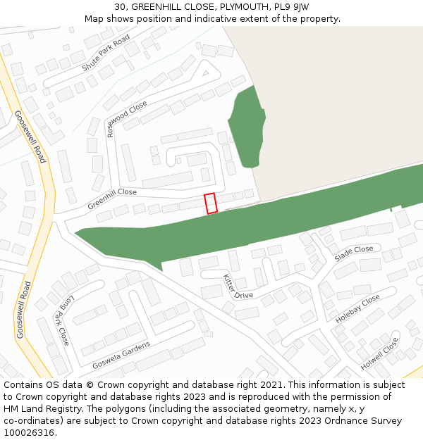 30, GREENHILL CLOSE, PLYMOUTH, PL9 9JW: Location map and indicative extent of plot