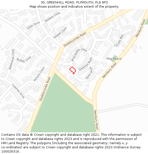 30, GREENHILL ROAD, PLYMOUTH, PL9 9FD: Location map and indicative extent of plot