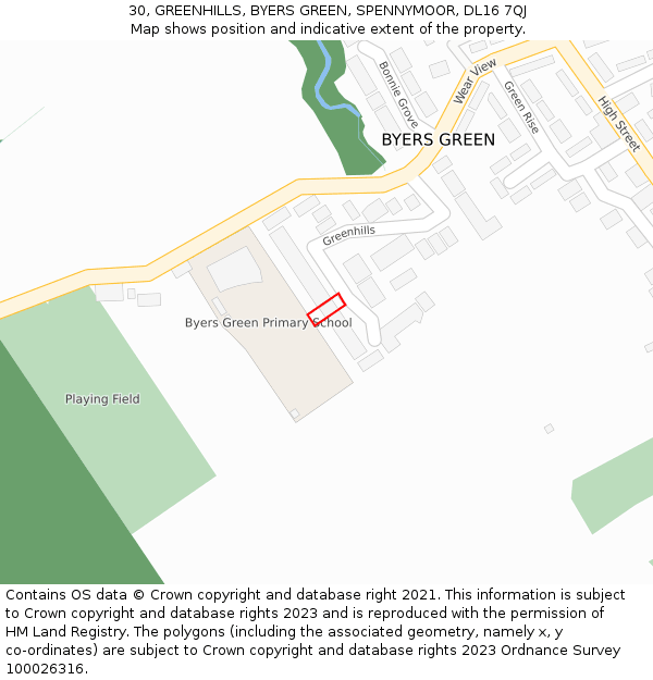 30, GREENHILLS, BYERS GREEN, SPENNYMOOR, DL16 7QJ: Location map and indicative extent of plot