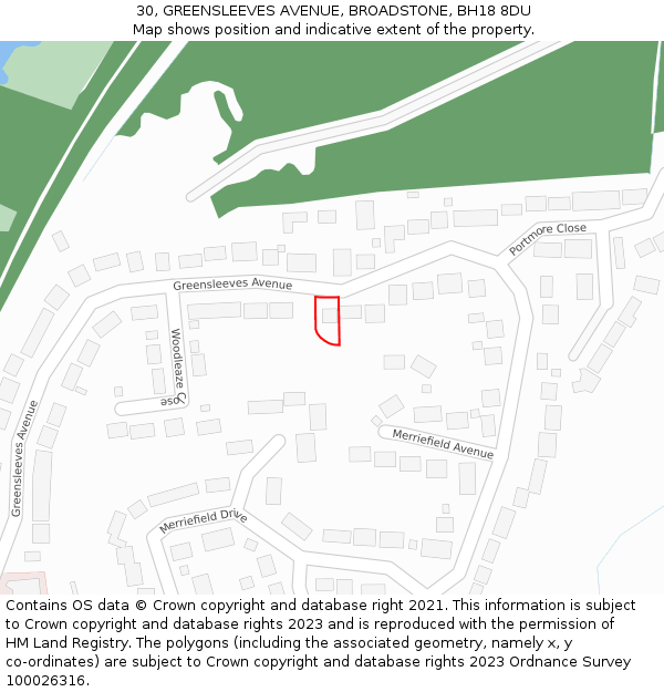 30, GREENSLEEVES AVENUE, BROADSTONE, BH18 8DU: Location map and indicative extent of plot