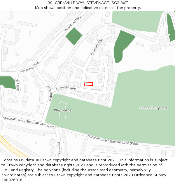 30, GRENVILLE WAY, STEVENAGE, SG2 8XZ: Location map and indicative extent of plot