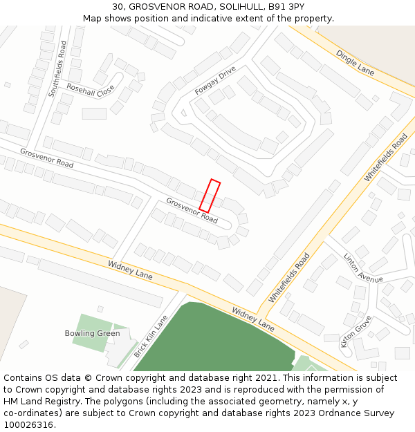 30, GROSVENOR ROAD, SOLIHULL, B91 3PY: Location map and indicative extent of plot