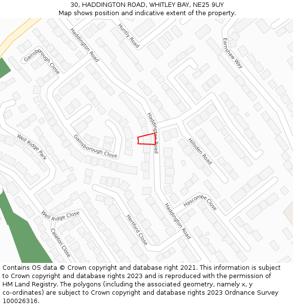 30, HADDINGTON ROAD, WHITLEY BAY, NE25 9UY: Location map and indicative extent of plot