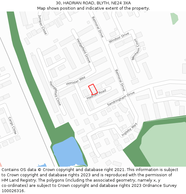 30, HADRIAN ROAD, BLYTH, NE24 3XA: Location map and indicative extent of plot