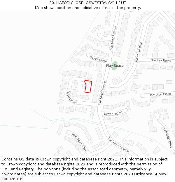 30, HAFOD CLOSE, OSWESTRY, SY11 1UT: Location map and indicative extent of plot