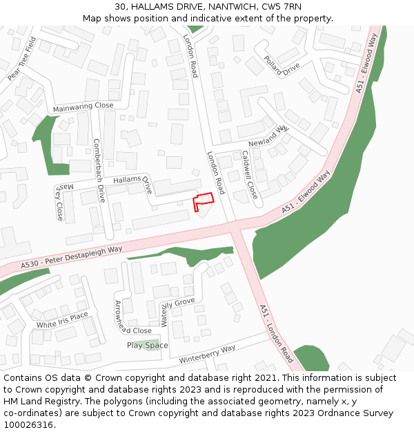 30, HALLAMS DRIVE, NANTWICH, CW5 7RN: Location map and indicative extent of plot