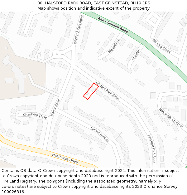 30, HALSFORD PARK ROAD, EAST GRINSTEAD, RH19 1PS: Location map and indicative extent of plot