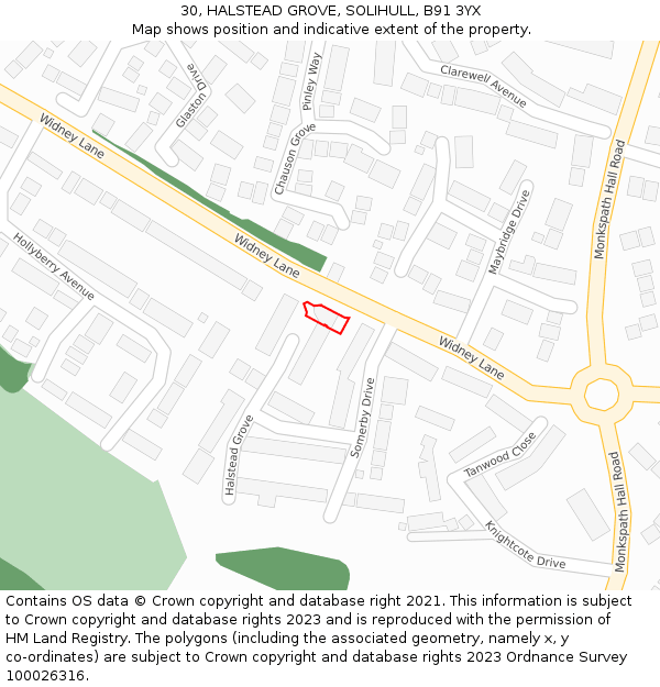 30, HALSTEAD GROVE, SOLIHULL, B91 3YX: Location map and indicative extent of plot