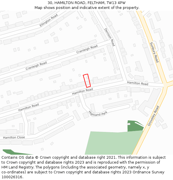30, HAMILTON ROAD, FELTHAM, TW13 4PW: Location map and indicative extent of plot
